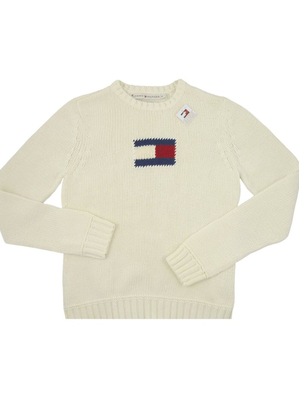 NEW Vintage Tommy Hilfiger Sweater! Sm or Med Off White Huge Tommy Flag Crewneck